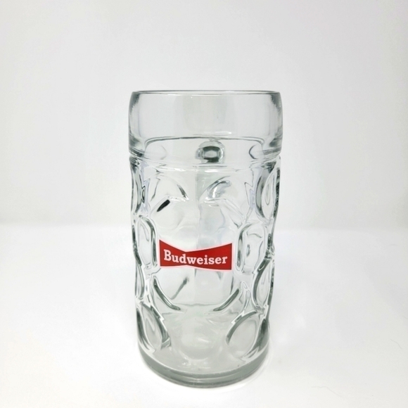 BUDWEISER 𝅺1 Liter 8" Dimpled Glass Beer Stein Mug Cup with Handle & Red Label - Picture 1 of 5